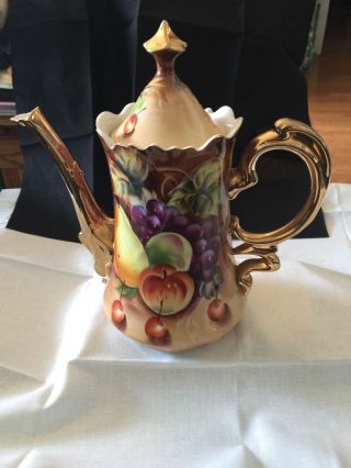 Very Rare Vintage Lefton China Heritage Fruit Hand Painted Porcelain Coffee Pot