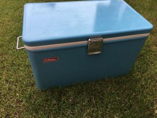 Vintage - Coleman " Turquoise Blue " Metal Cooler With Chrome Latch & Handles