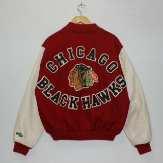 Vintage Chicago Blackhawks Chalk Line Nhl Wool Leather Bomber Jacket Size Xl