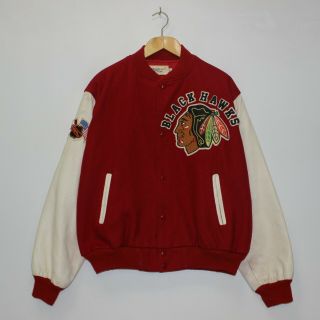 Vintage Chicago Blackhawks Chalk Line NHL Wool Leather Bomber Jacket Size XL 2