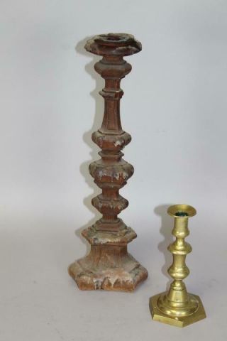 Rare Early 18th C Carved Hard Pine Candlestick In Old Grungy Surface