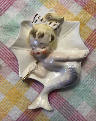 Vintage MERMAID with Umbrella Ceramic WALL PLAQUES Pair Enesco E - 2163? Fish 6