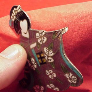 Vintage Sterling Silver Margot De Taxco Mexican Enamel Geisha Pin Pendant Brooch 6