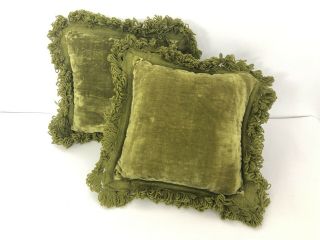 2 Mid Century Green Velvet Fringe Shag Throw Pillows Vintage Nos Pair