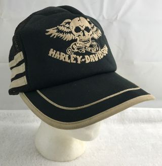 Vintage 80s Harley Davidson 3 Stripe White Black Mesh Snapback Trucker Hat Cap