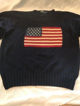 Vtg Polo Ralph Lauren Men’s Sz Large Flag Sweater Navy Blue Cotton