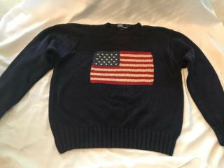 VTG Polo Ralph Lauren Men’s Sz Large Flag Sweater Navy Blue Cotton 2