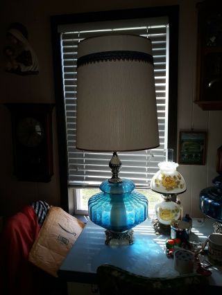 Vintage Mcm Blue Ribbed Glass 3 Way Table Lamp 14 " X40 ",