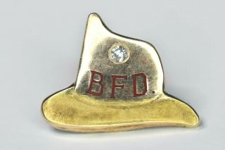 Scarce Vintage Boston Fire Department 10k Solid Gold Pin Helmet W/ Diamond Bfd