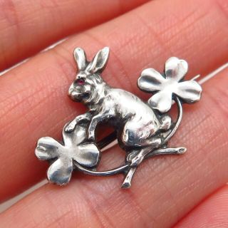 Rare Antique Germany 800 Silver Bunny Rabbit Easter Four Leaf Clover Pin Brooch