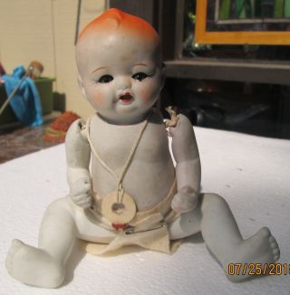 Antique Fully Jointed Bisque Baby Doll 8.  5 Inches C1930 In Diaper Sleep Eyes