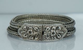 Vintage Sterling Silver Bali Style Wheat Woven Floral Bracelet Heavy Double Row