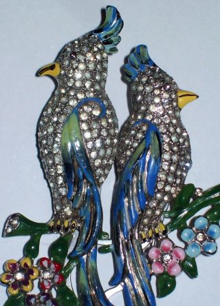 Vintage Coro Duette Rhinestone and Colorful Enamel Lovebirds Brooch 2