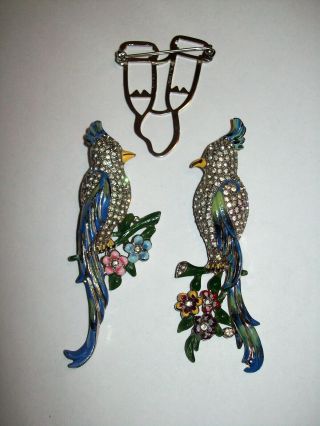 Vintage Coro Duette Rhinestone and Colorful Enamel Lovebirds Brooch 5