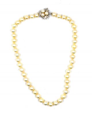 Vintage Diamond Spray Clasp 7.  8mm Pearl Strand Necklace 14k Gold 16 - 1/2 " Long