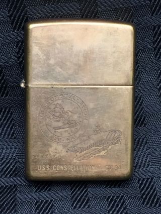 Zippo Lighter Uss Constellation Cv - 64 Solid Brass Vintage In