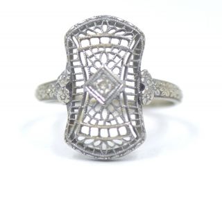 Elegant Antique Art Deco Filigree.  05ct Diamond Ring Floral Band 18k White Gold