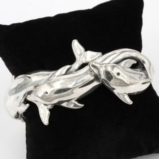 Vintage Kabana Sterling Silver 4 Dolphins Cuff Bracelet 1.  25 " Wide 43 Grams