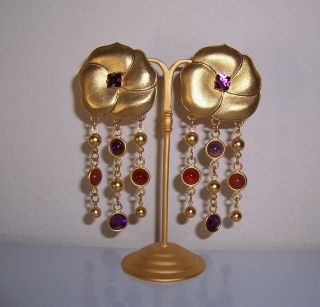 Vintage Natasha Stambouli,  Signed,  Long Dangle Earrings,  Gold Plated,  Multi Stone