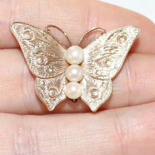 Vintage 12k Gold Filled Gf C1950s Cultured Pearl Brooch Pin Butterfly
