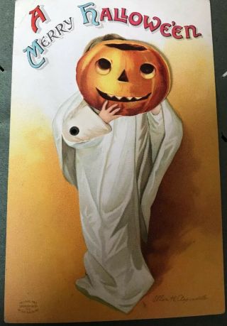 Vtg Ellen Clapsaddle A Merry Halloween Postcard Mechanical Girl Robe Jol Mask