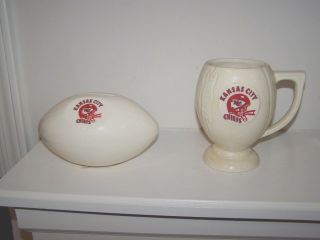 Vintage 1960s Kansas City Chiefs 7 Inch Ceramic Football Bank,  & Mug Great Shape
