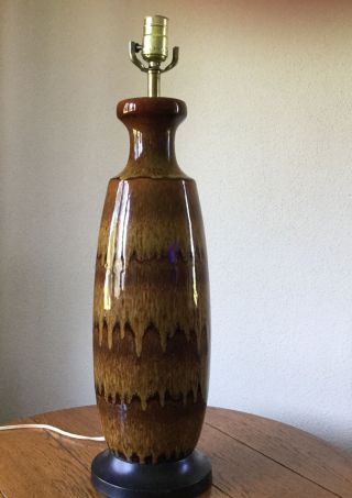 Vtg Mid Century Drip Glaze Pottery Glossy Ceramic Table Lamp Browns Earth Tones