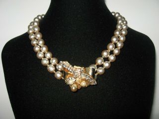 Vintage Miriam Haskell Double Strand Baroque Pearl Necklace Fancy Clasp Signed