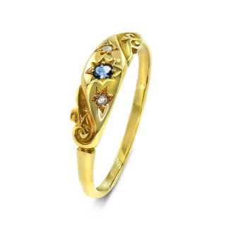 18ct Yellow Gold Blue Sapphire And Diamond Vintage Ring - Size P (00860)