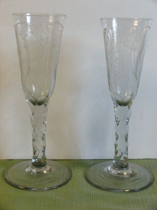Antique Unique Cut Crystal Mouth Blown Hand Etched Wheat & Leafs Champagne Glass