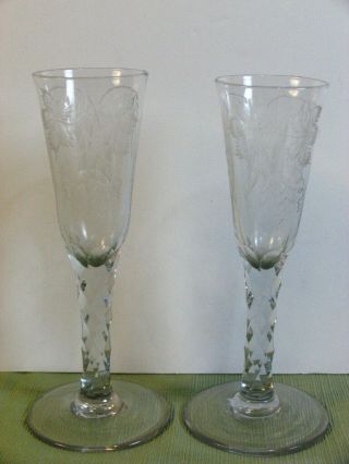 ANTIQUE UNIQUE CUT CRYSTAL MOUTH BLOWN HAND ETCHED WHEAT & LEAFS CHAMPAGNE GLASS 2