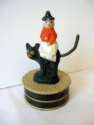 Vintage German Halloween Mini Candy Container: Witch Riding A Black Cat