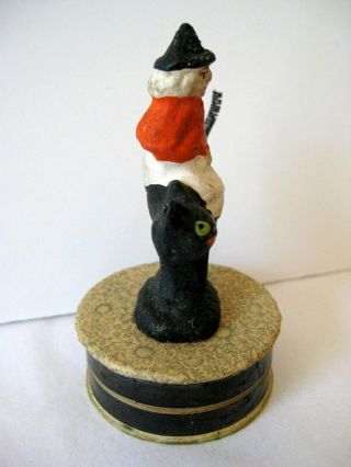 Vintage German Halloween Mini Candy Container: Witch Riding a Black Cat 4