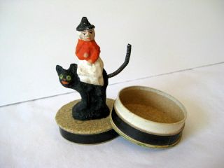 Vintage German Halloween Mini Candy Container: Witch Riding a Black Cat 6