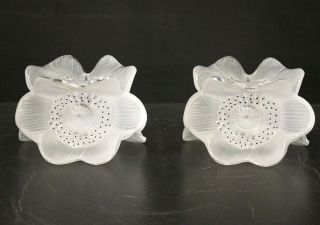 RARE FRENCH LALIQUE CRYSTAL ANEMONE FLOWER CANDLE - HOLDERS.  SIGNED. 3