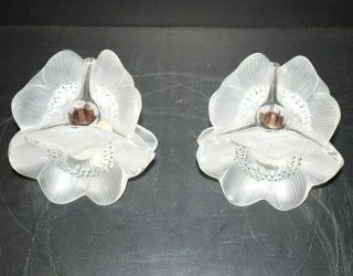 RARE FRENCH LALIQUE CRYSTAL ANEMONE FLOWER CANDLE - HOLDERS.  SIGNED. 4