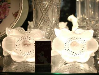 RARE FRENCH LALIQUE CRYSTAL ANEMONE FLOWER CANDLE - HOLDERS.  SIGNED. 5