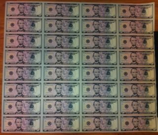 $5 Uncut Sheet $5x32 Legal Usa Five Dollar,  Real Currency Note Rare Money Gift.