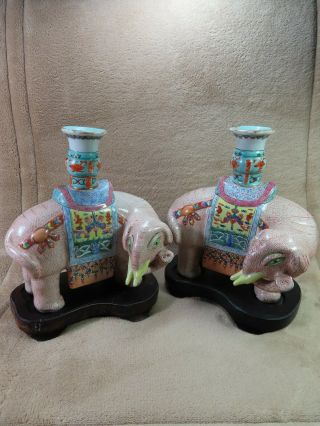 Vintage Chinese Export Ceramic Elephant Candle Holders With Stands