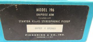 Vintage Pickering CO Model 196 Unipoise Arm w/ Stanton 45 x 45 Pickup Boxed 2