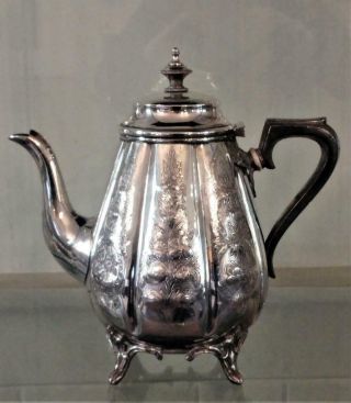 Antique Silver Plated Tapered Melon Shaped Repousse Teapot C 1860,