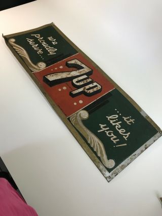 Rare Vintage 1944 7up Soda Pop Gas Station Embossed Metal Sign approx size 31x12 3