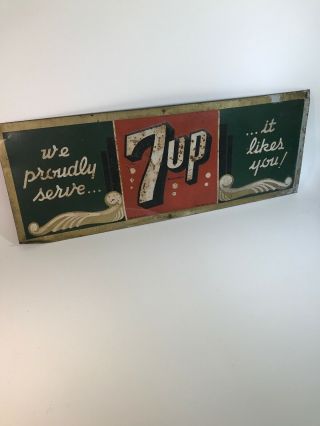 Rare Vintage 1944 7up Soda Pop Gas Station Embossed Metal Sign approx size 31x12 8
