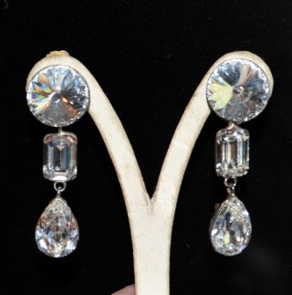 Large Vintage Bellini Formart Glass Rhinestone Long Crystal Earrings Signed