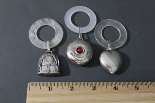 3 Antique Early 20thc Sterling Silver,  Baby Rattle Faux Mop Teething Rings,  Nr