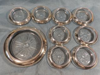 Frank M Whiting Sterling Silver Coaster Set Wine Bottle & Eight Glass Coasters