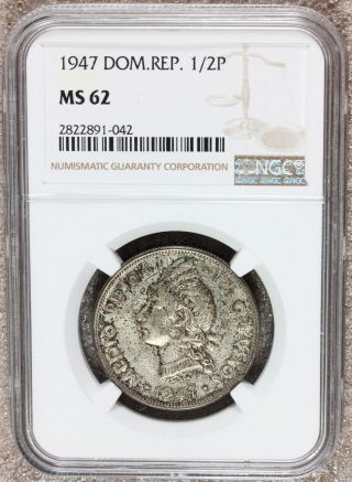 1947 Dominican Republic 1/2 Peso Silver Coin - Ngc Ms 62 - Km 21 - Rare Date
