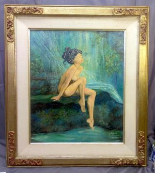 Old Vintage Pin Up Lady Woman Nude Female Water Nymph Oil Painting Mcm Portrait