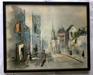 Vintage Mid Century Modern Oil Painting Palette Knife Cityscape Signed Y.  Dufy