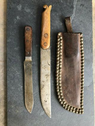 Native American Plains Plateau Tacked Knife Sheath & Two Vintage Trade Knives